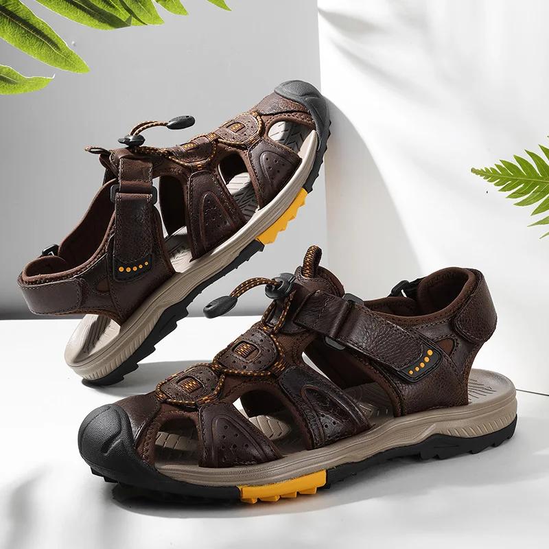 Summer Hiking Shoes Outdoor Sandals for Men Breathable Water Beach Sandals Camping Climbing Aqua Genuine Leather Beach Roman