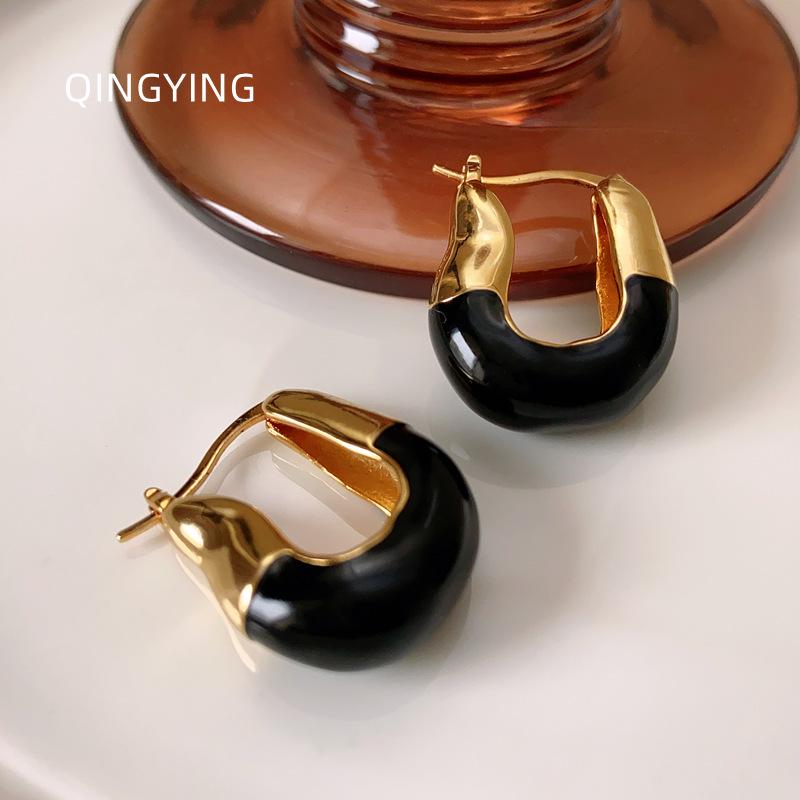 Colorful Enamel Drip Glaze U-Shaped Geometric Earrings: High-End European & American Fashion for Women чёрный