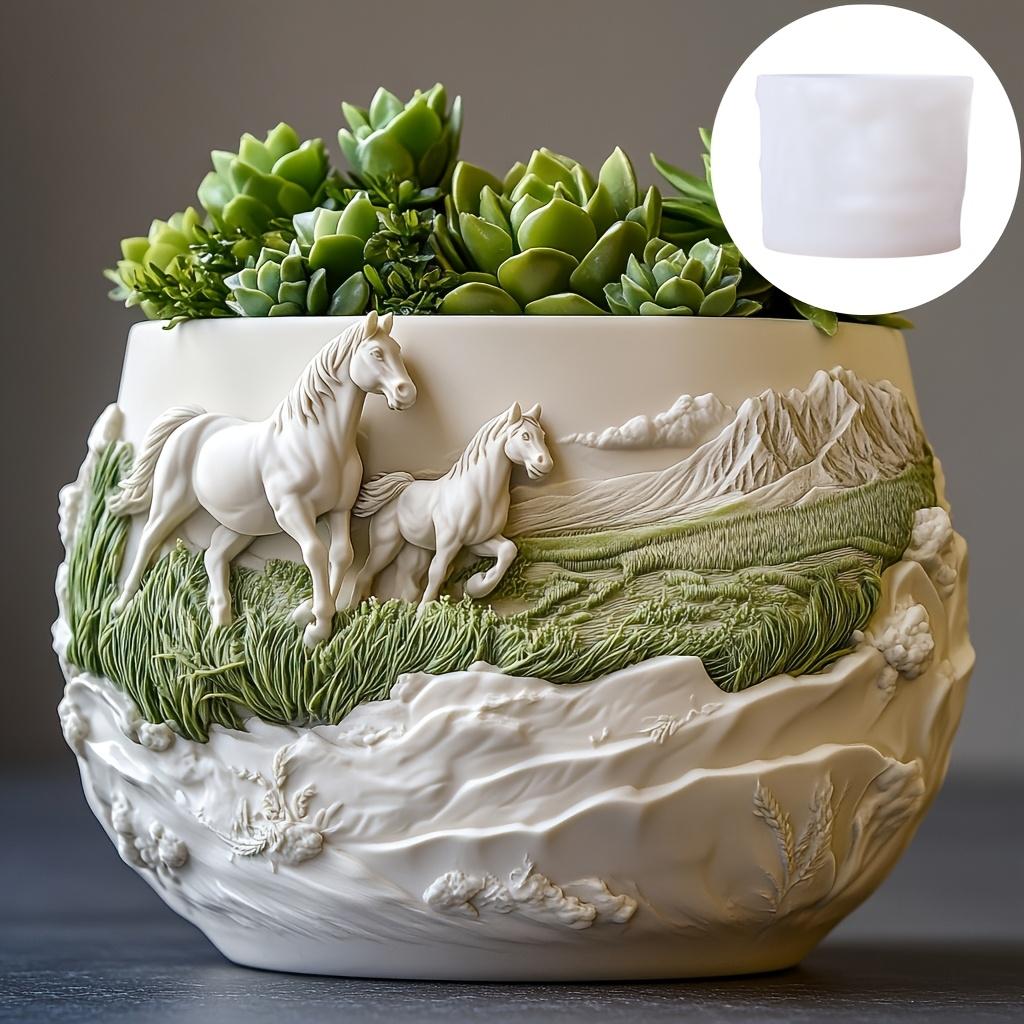 Running Stallion Relief Succulent Plant Flowerpot Resin Silicone Mold Grassland Warhorse Storage Box Mould Horse Gypsum Molds