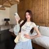 Pit strip fabric, American sweet Spice Girl cat front shoulder short-sleeved T-shirt women's summer slim-fitting and thin waist top