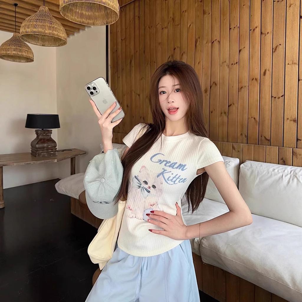 Pit strip fabric, American sweet Spice Girl cat front shoulder short-sleeved T-shirt women's summer slim-fitting and thin waist top