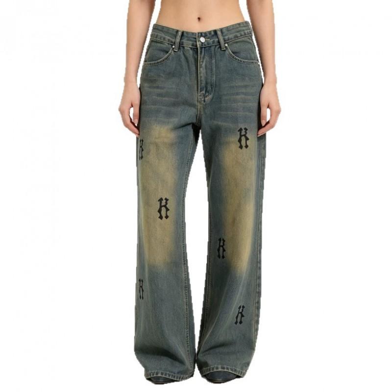 Womens High-Waist Straight Leg Jeans Vintage Washed Cotton Denim Wide Pants Non-Stretch