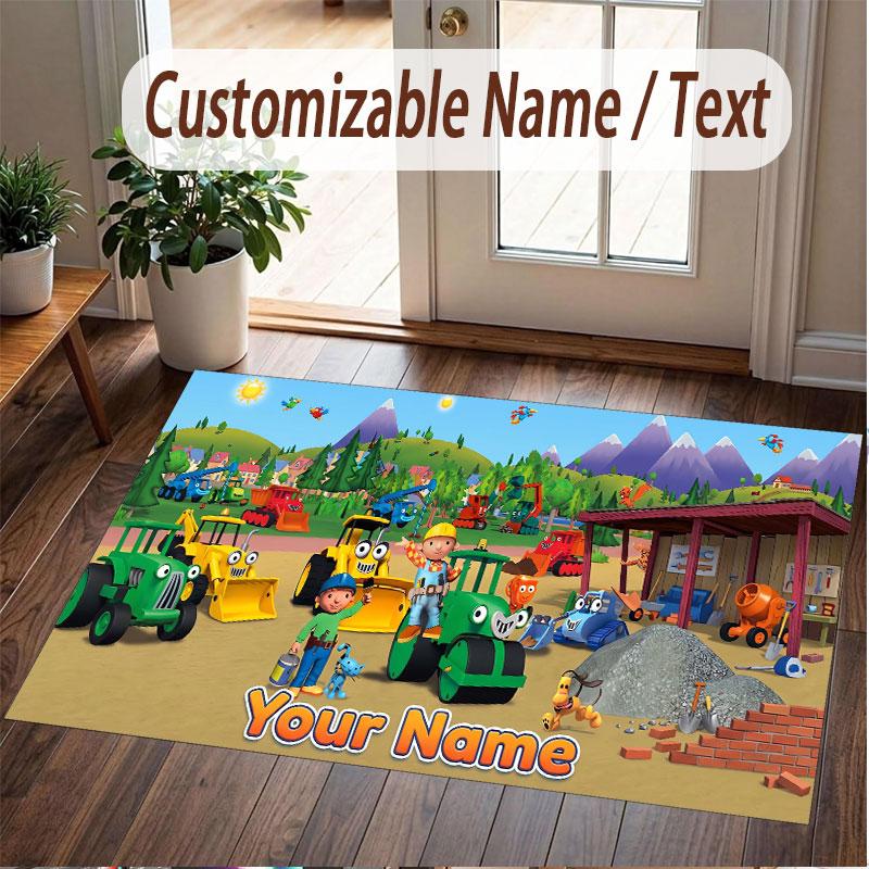 Custom Name Text Crystal Velvet Rug,Bob the Builder Soft Plush Decorative Non Slip Floor Carpet