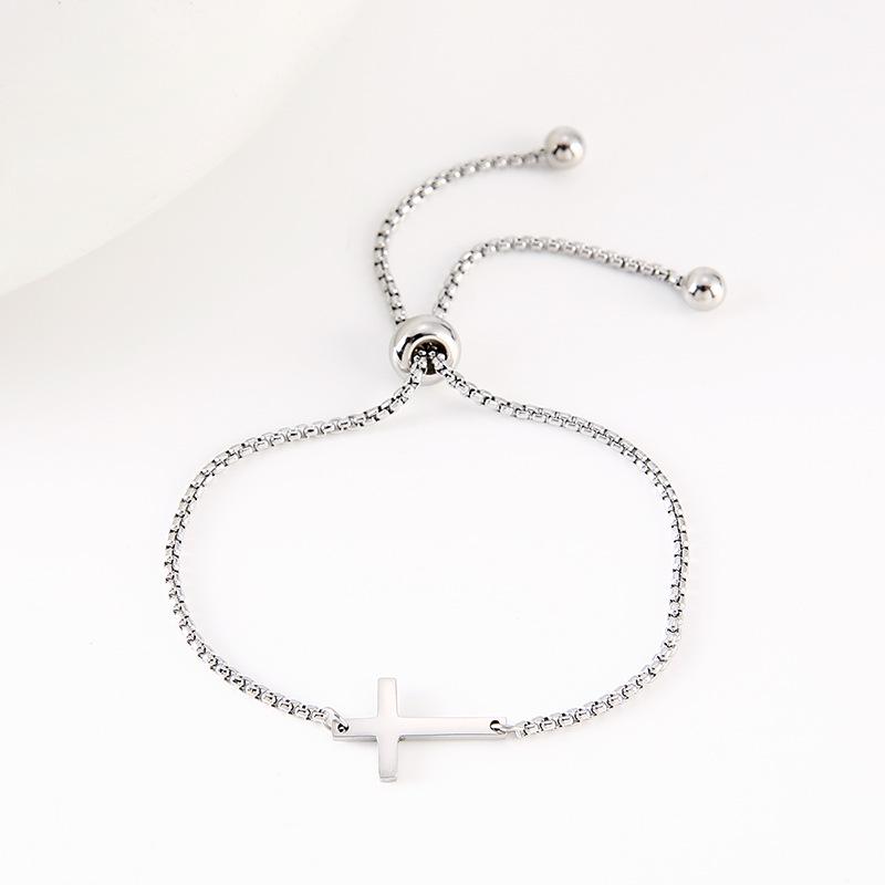 Pearl Chain Cross Stainless Steel Bracelet - European & American Style, Simple Lucky Cross Design.