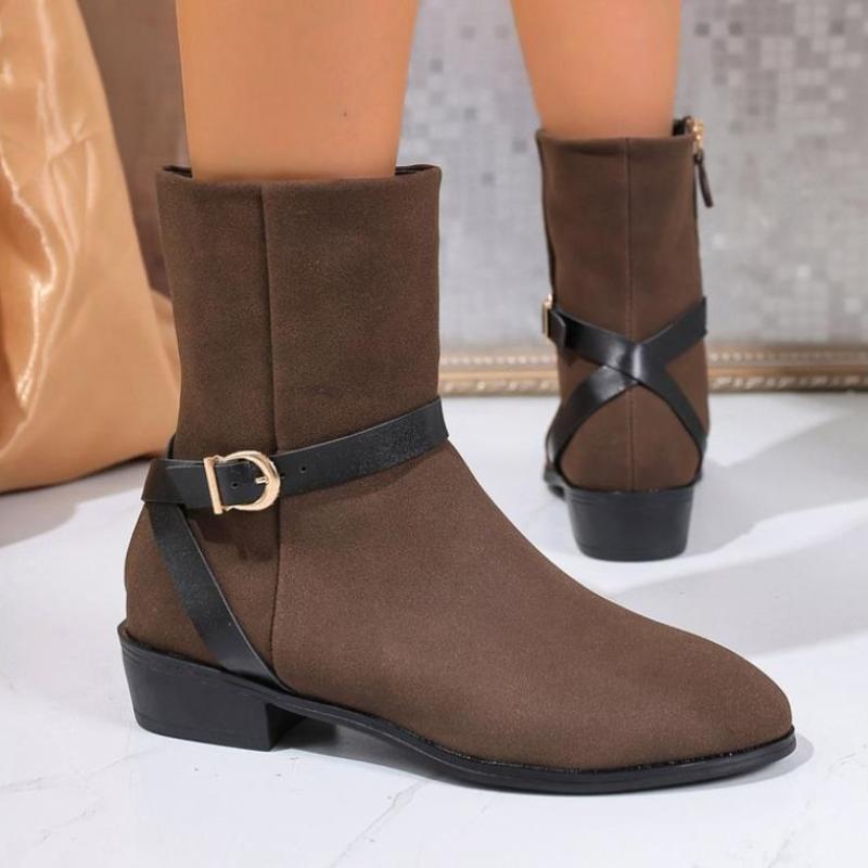 Classics Suede Short Boots Woman Round Toe Mid Calf Boots Flat Shoes Women Belt Buckle Boots Winter New Women Ankle Boot