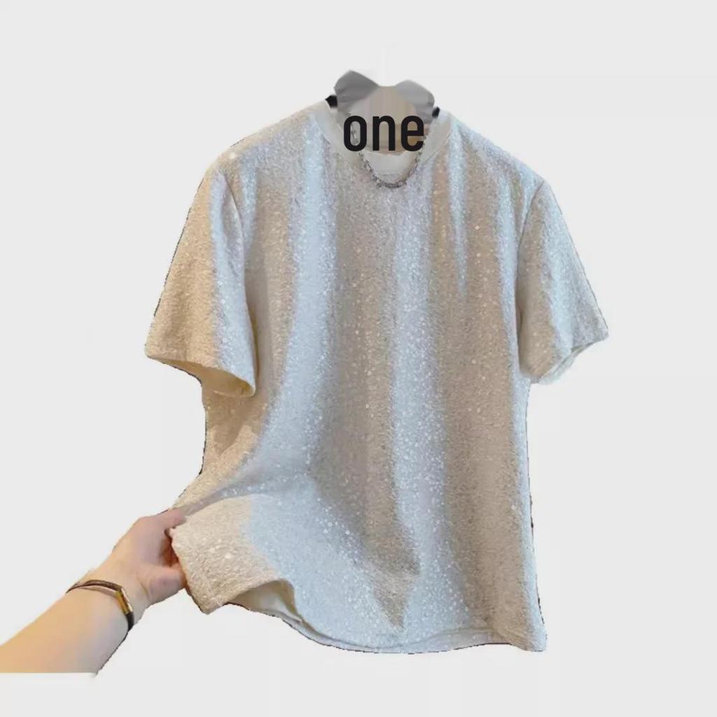 Camiseta Chic de Lentejuelas de Seda para Hombre 2024 - Diseño Europeo de Manga Corta y Corte Holgado