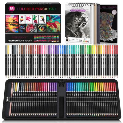HIFORNY Set de Crayons de Couleur pour Adultes 50 Crayons de Couleur avec Nuancier et Grille de Couleurs Coffret Cadeau et Étui à Fermeture Éclair 55 Pièces – Carnet de Croquis à Mine Douce,