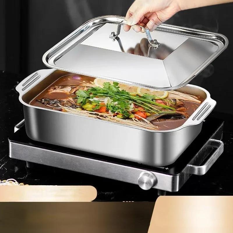 Stainless Steel Deep Baking Pan with Lids Multifunction Rectangular Oven-Safe Baing Pans for Kitchen Seafood Grilled Fish Pans