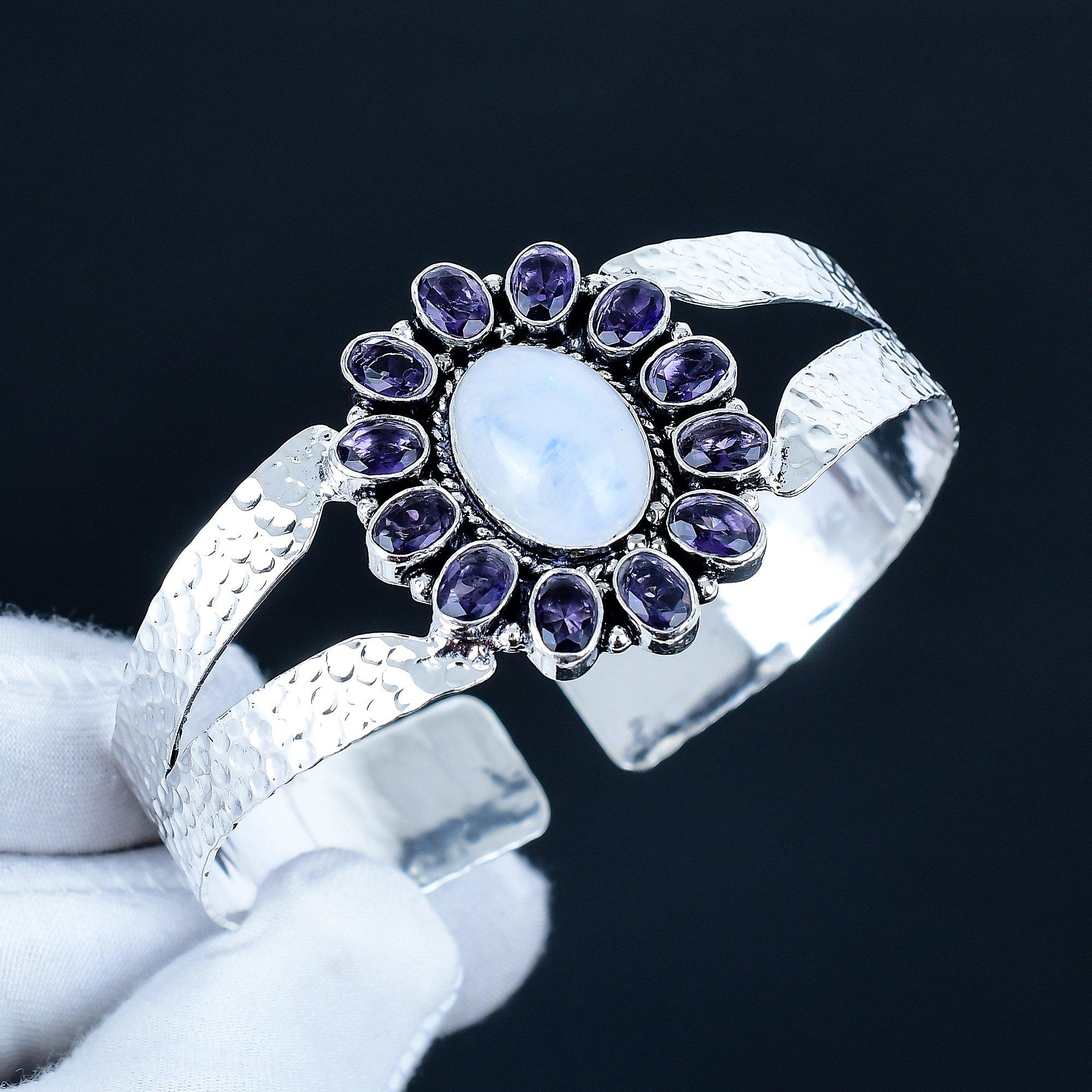 

Аметист Драгоценный камень Ручной работы Манжета Браслет 925 Стерлинговое серебро Манжета Браслет, Натуральный Лунный камень Форма цветка Браслет для жены, Унисекс Браслет для подарка 7 белый