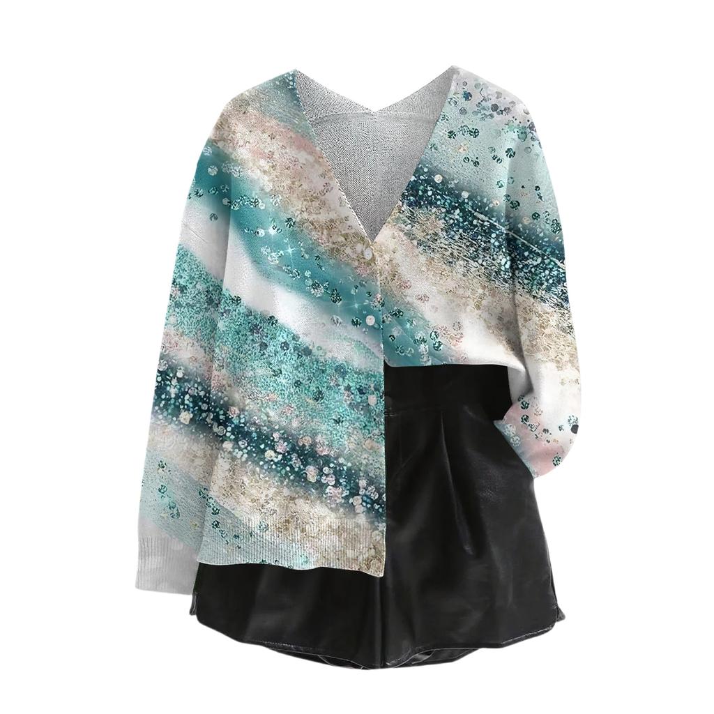 Women's V Neck Top Printing Thickened Plush Cashmere Warm Long Top