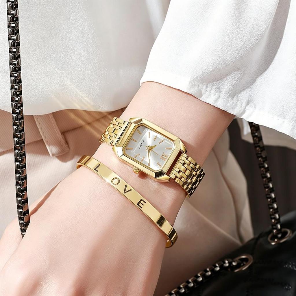 Women's Quartz Wristwatches Rectangle Ladies Fashion Golden Clock Top Luxury Gifts Bracelet Watches for Wife, Family, Friend