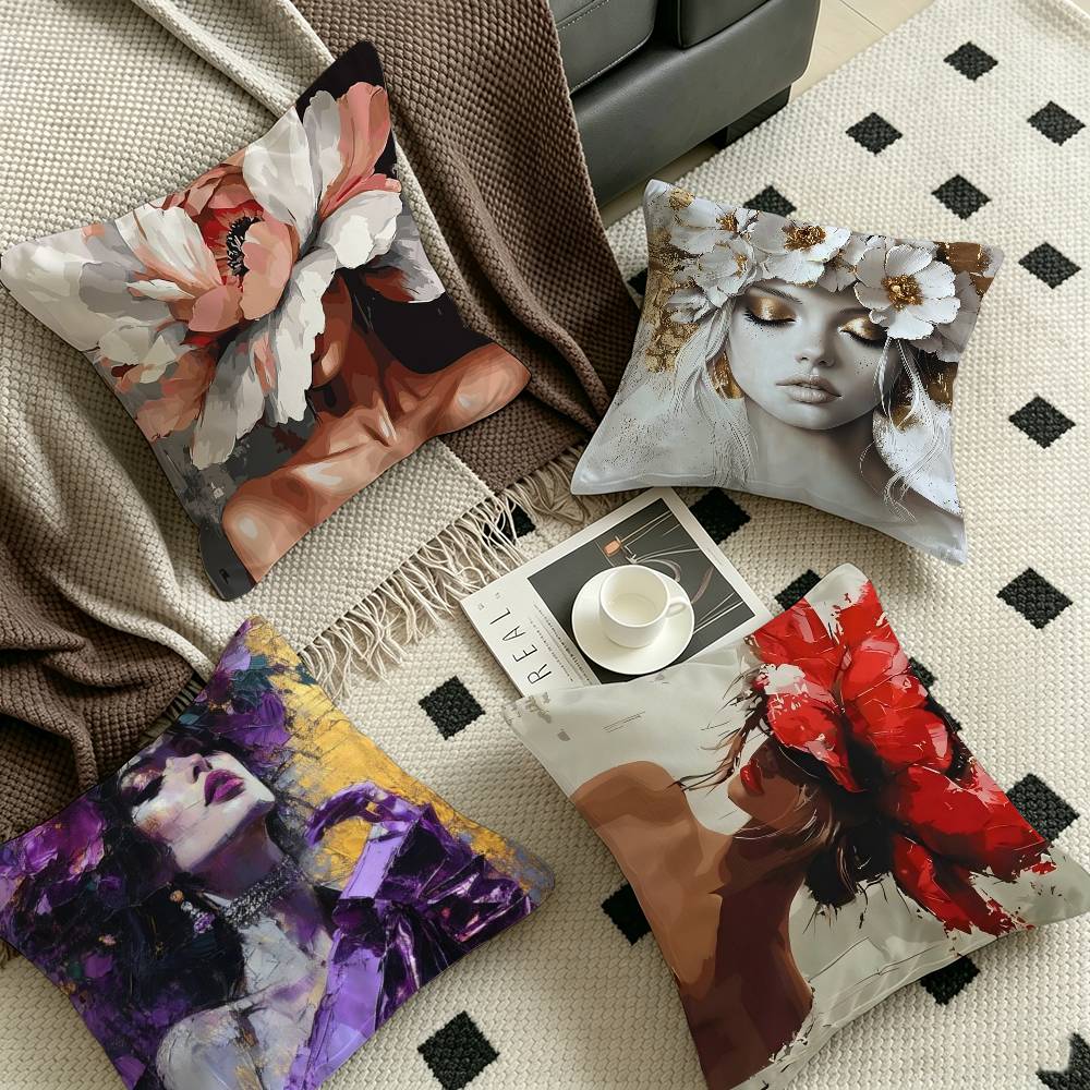 Fashion Floral Woman Portrait Lucky Dragon Pillow Cover Sofa Cushion Cover Home Room Decoration Children Gift