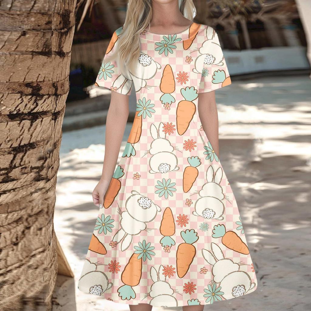Damen Casual Fashion Kleid Ostern Bedruckt Rund Kurzarm Taillen Midi Swing Kleid (mit Reißverschluss)