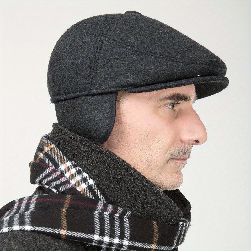 1 Pc Warm Winter Caps for Men Solid Black Grey Ivy Newsboy Flat Cap Male 5 Panels Beret Hat with Ear Flaps Bere