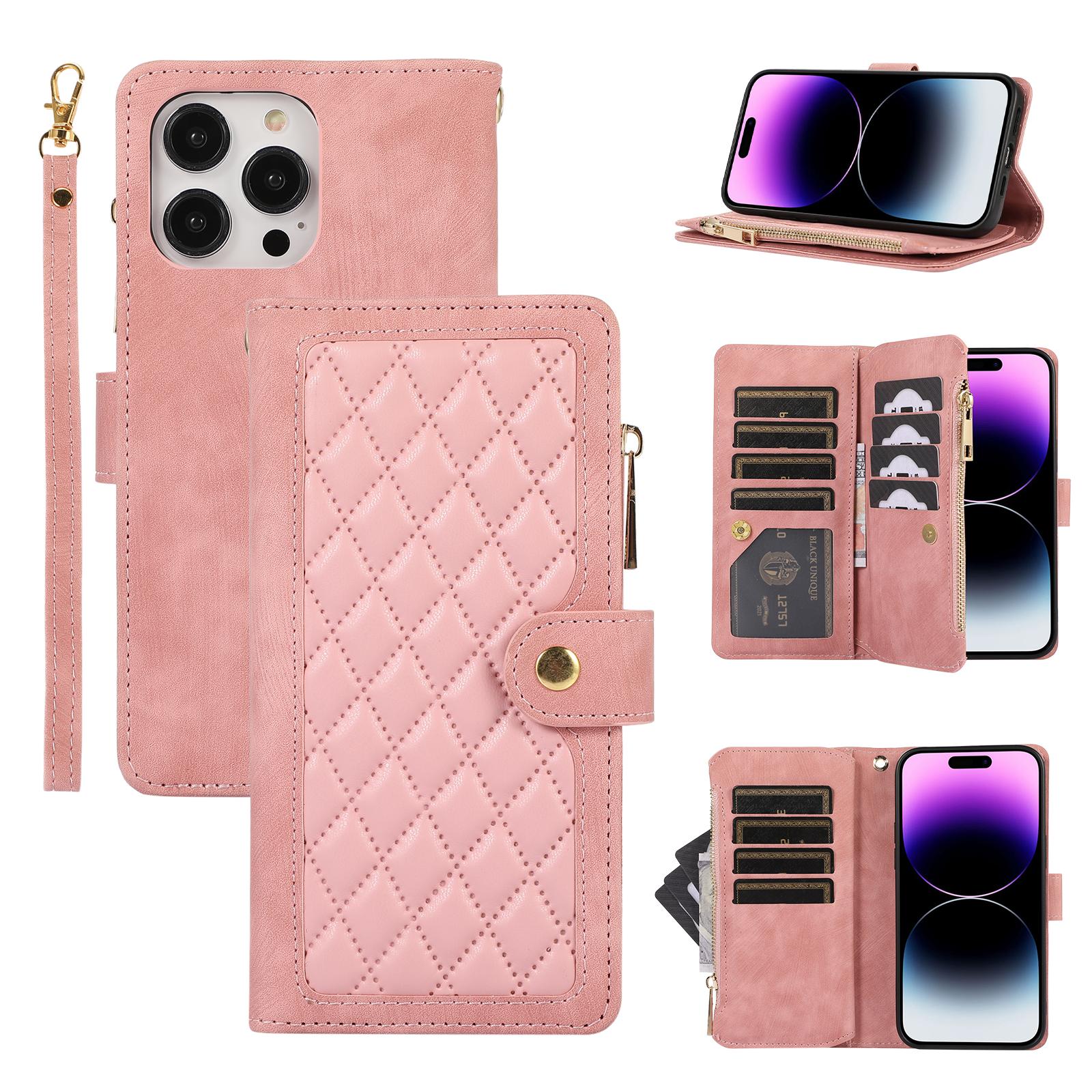 

For iPhone 16 Pro Case TPU+PU Leather Zipper Pocket Wallet Phone Cover with Wrist Strap Rose Gold