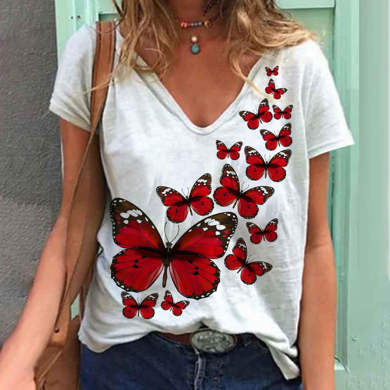 Женские футболки с V-образным вырезом и коротким рукавом с 3D-принтом и принтом бабочки — фото 4