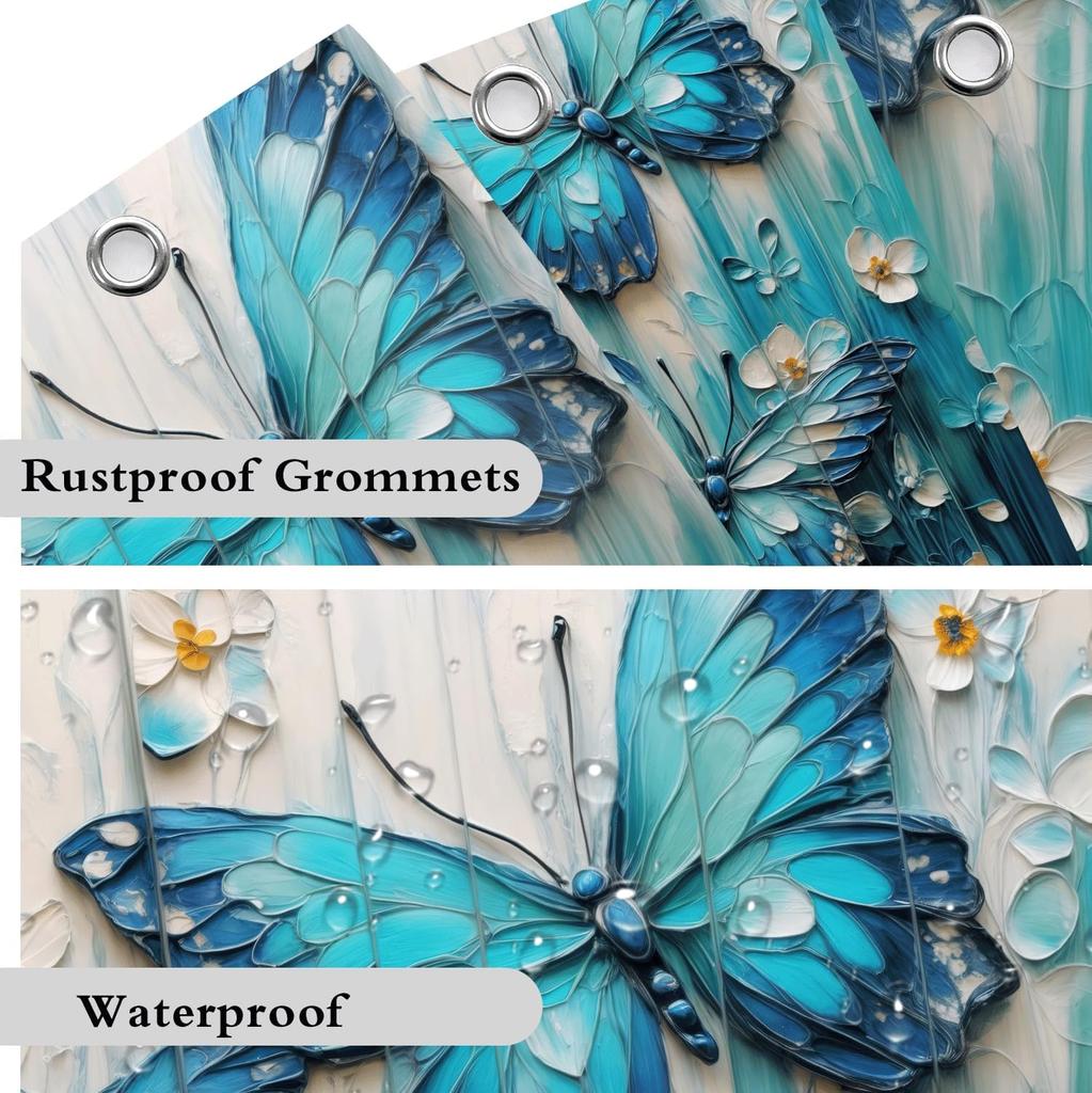 Blue And Green Butterfly Shower Curtain, Retro Colorful Fun Floral Aesthetic Shower Curtain Set Washable Waterproof Fabric