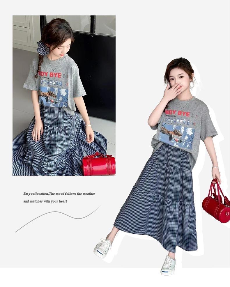 Girls' summer plaid skirt set, children's Korean style casual loose short sleeved shirt, big children's half skirt two-piece set