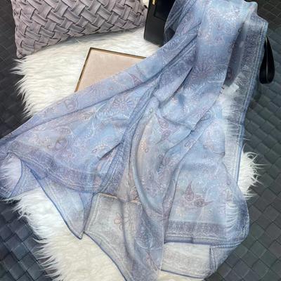 [Bysifa] Grau-Blauer Seidenschal Umhang Mode Damen 100% Seide Lange Schals Foulard Damen Paisleymuster Chiffonschals Bufandas
