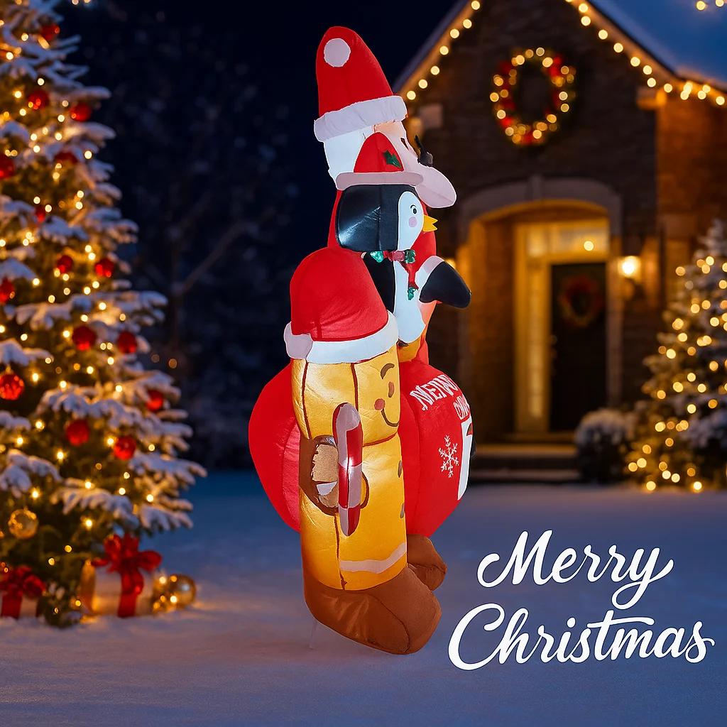 7.22FT Inflatable Toy Christmas Set Santa Penguin Gingerbread Man Xmas Yard Decor Supplies LED Lit Home Ornaments Festive Gift
