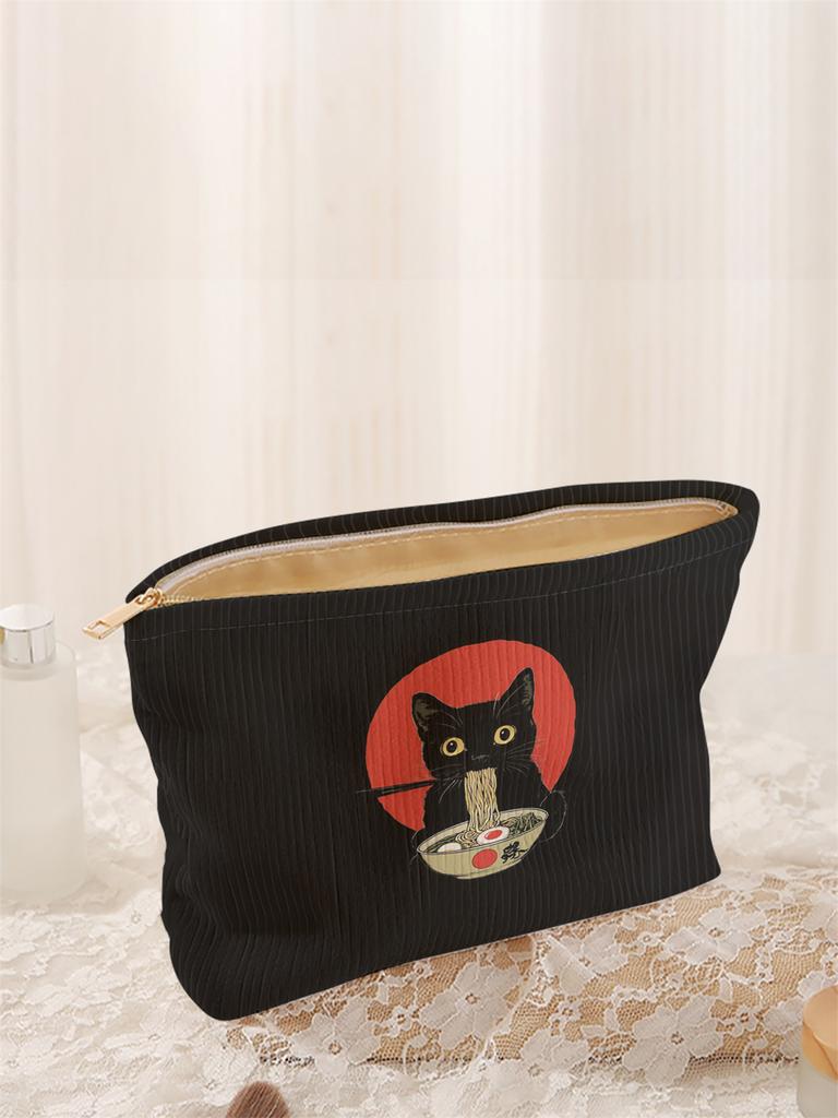1 black cat pattern printed corduroy makeup bag, lightweight zipper makeup storage box, multifunctional bag with lining