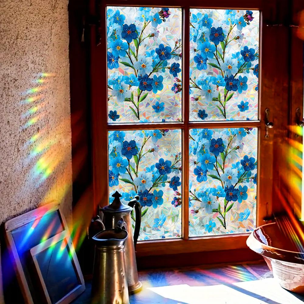 Fresh and Vibrant Laser-Cut Blue Flower Branch Home Decor Glass Window Adhesive Sticker