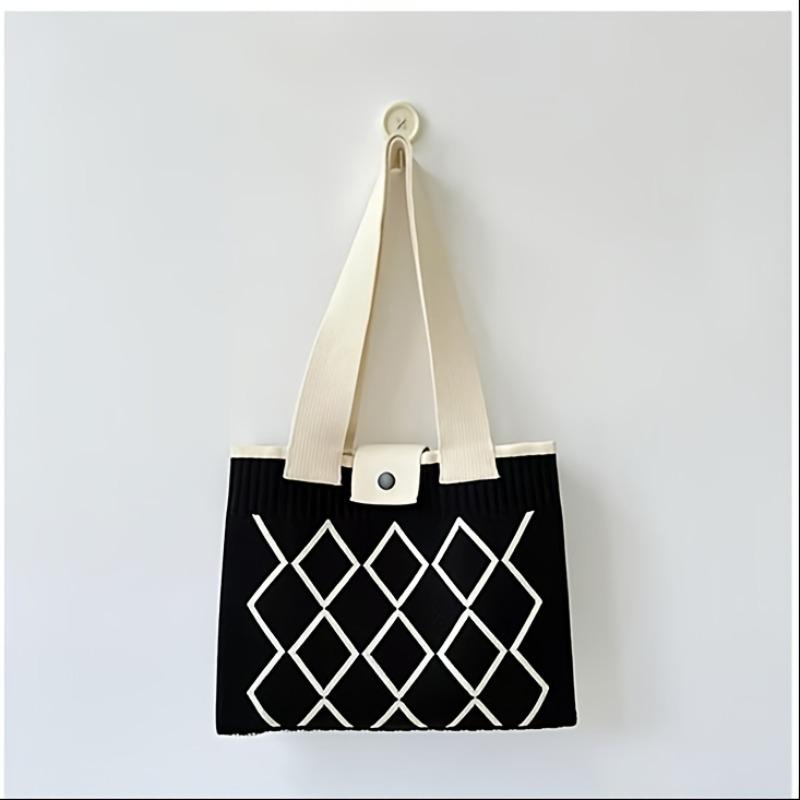 Women's Geometric Tote Bag - Foldable Shoulder Bag with Snap Closure, Black & White Pattern, Fixed Strap, Mixed Colors, Hand Wash/Dry Clean