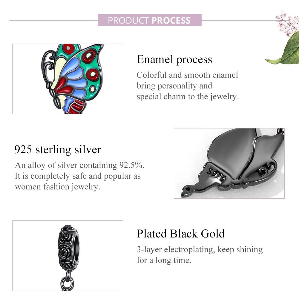 WOSTU 925 Sterling Silver Plated Black Gold Colorful Rose Butterfly Pendant Animal Charm Beads Fit Original DIY Bracelet Jewelry