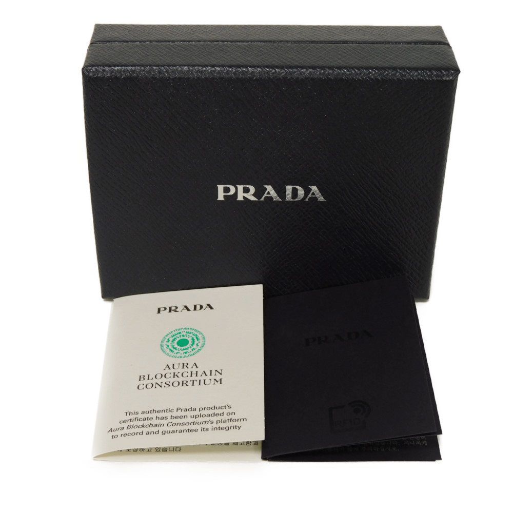 Used 11569 Saffiano Triangle Card Holder 1MC110 QHH F0009 7946 Current Calfskin White Bifold RFID Logo Bianco Unisex