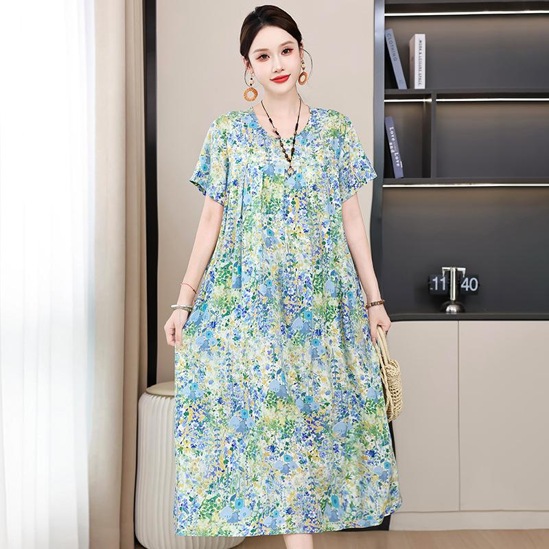 2 Neues hochwertiges florales Baumwoll-Seiden-Kleid für Damen-Sommer-Temperament, Bauchbedeckung für Mütter, große Größe künstliche Baumwolle langer Rock