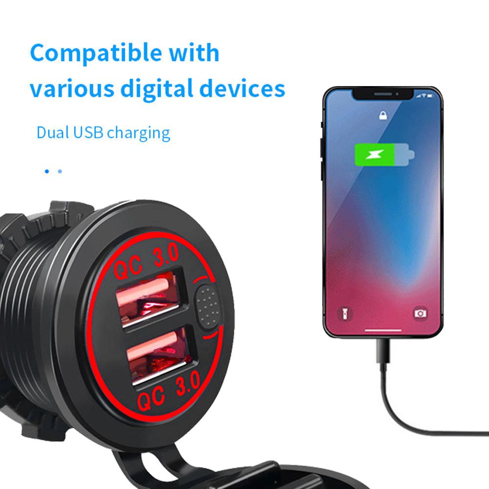 Cargador de coche con doble puerto USB QC3.0, toma de carga rápida con voltímetro e interruptor, 12 V/24 V, cargador de teléfono automático