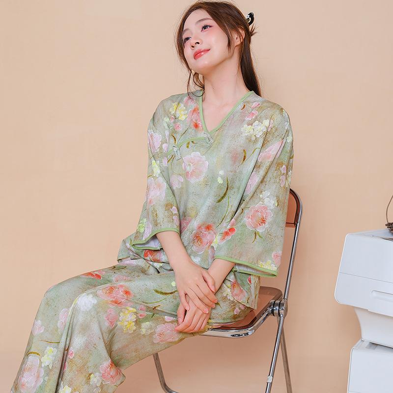 Classical national style new Chinese pajamas women's spring, summer and autumn new cotton silk disc buckle sweet loungewear hanfu two-piece set