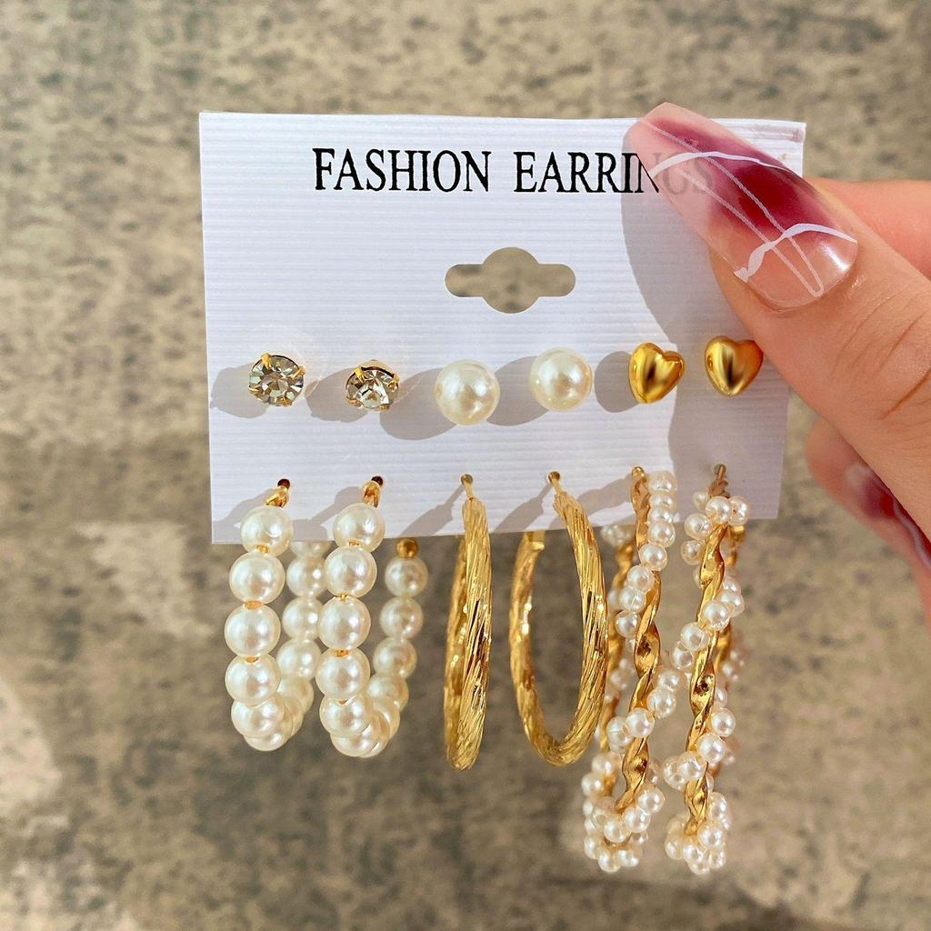 European & American Retro Geometric Hammered Textured Earrings 6-Piece Set: Creative Heart Diamond Stud & Alloy Earrings