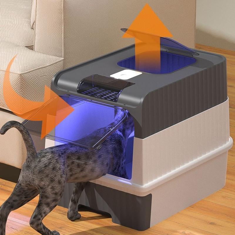 Cat Litter Box with UV Sterilization Lights Large Capacity Fully Enclosed Cat Toliet Litter Pan Anti-Splashing Kitten Bedpan