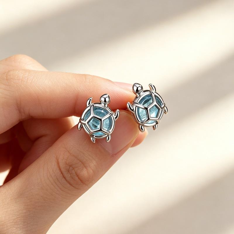 Ozean-Thema Niedliche Verspielte Schildkröte Zarter Diamantbesetzter 925er Sterlingsilber Schmuck Persönlichkeit Tier Ohrstecker 3156