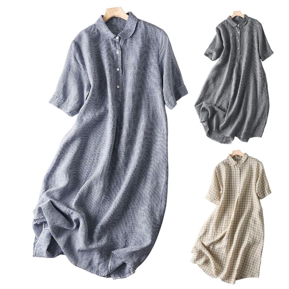 Summer Lady Dress Turn-down Collar Short Sleeves Buttons A-line Flowy Hem Retro Printed Casual Loose Midi Dress