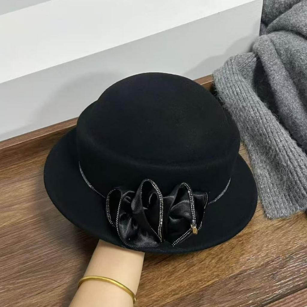 British autumn and winter Australian wool top hat women's flower thousand gold wind fashion versatile small pot hat French retro top hat