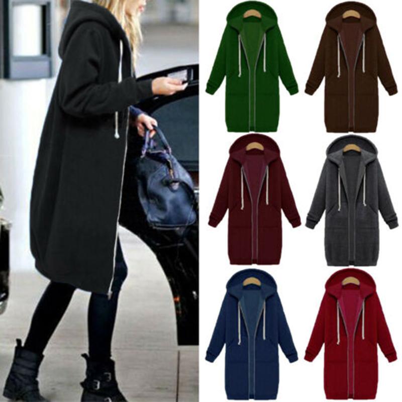 Sleeve Long Women Zip Up Hooded Hoodie Jacket Jumper Cardigan Coat Plus Size