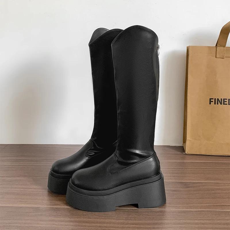 

модные зимние ботфорты на платформе женские модные из мягкой кожи длинные ботильоны дизайнерские на толстом каблуке женские боты 39 чёрный