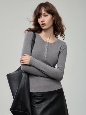 Dames Slim-Fit Henley Kraag Lange Mouw T-Shirt - 2025 Herfst Effen Kleur Basislaag