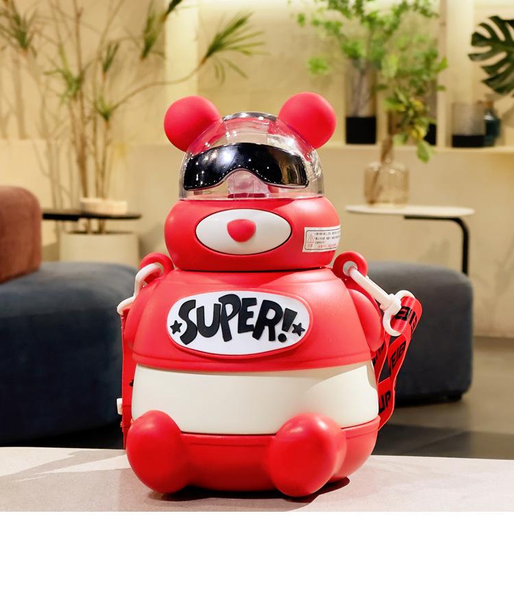 Мультяшный медведь, 800 мл, большая емкость, чашка из нержавеющей стали 316 с вакуумной изоляцией, детская соломенная чашка для воды красный