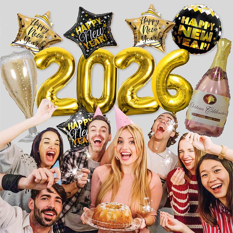 Zestaw 6/7/11 szt. balonów foliowych na Nowy Rok Złote balony z cyframi Duży balon w kształcie butelki wina Dekoracja na imprezę Sylwestrową