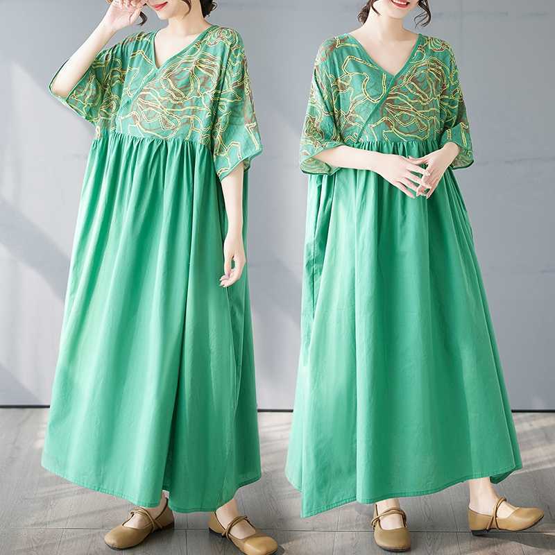 Cotton and Linen Summer Patchwork Retro Style Dress Long Skirt