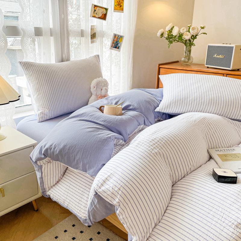 Minimalist Washed Cotton Bedding Set: Three-Piece for Dorm Beds, Includes Sheet, Duvet Cover, and Four Pillowcases