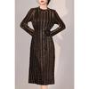 Elegant Pleated Midi Dress With Lantern Sleeves V-Neck Office Wear Womens A-Line Skirted Winter