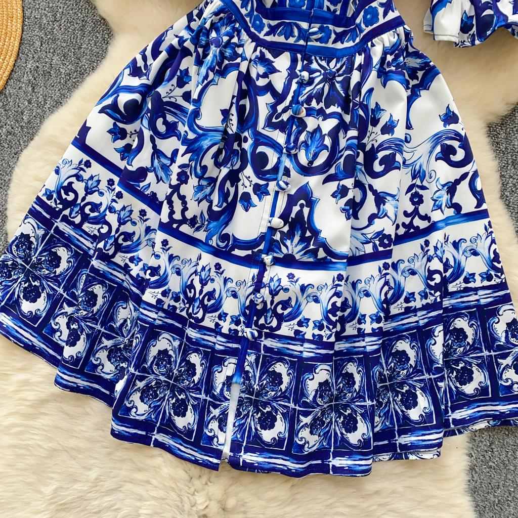 Summer Women Elegant Flare Sleeve Designer Print Runway Dresses V-neck Single Breasted Mini Short Party Dress