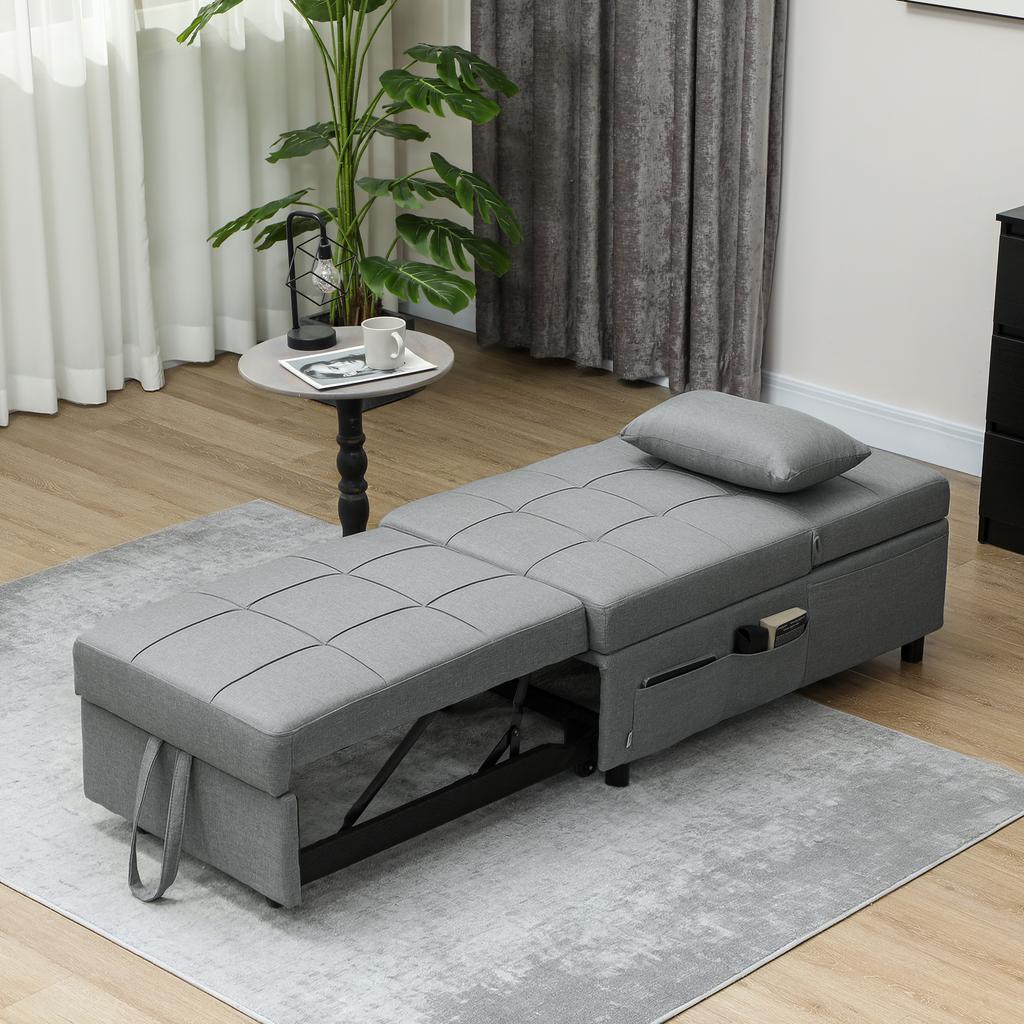 3-in-1 Folding Chair with Side Pocket, Guest Bed with Cushion, Adjustable Backrest, Bed Chair with Casters, Light Gray