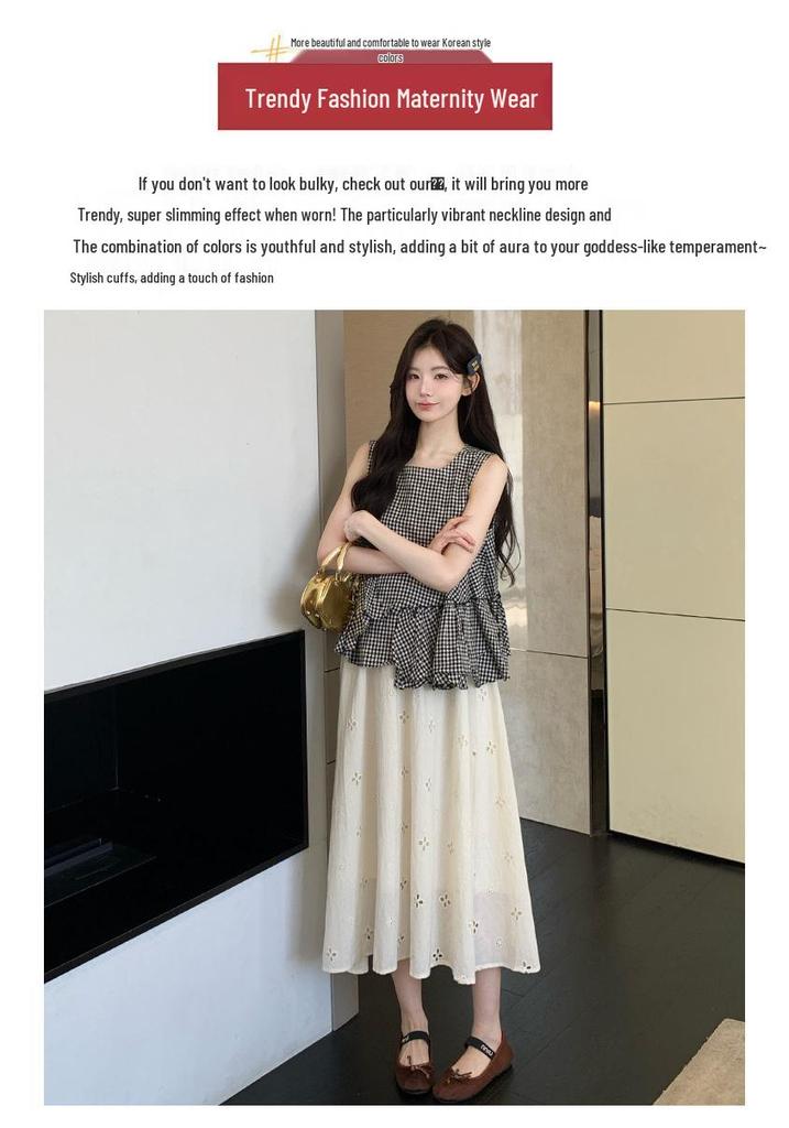 2026 Summer Plaid Sleeveless Maternity Top & Apricot Hollow-Out Skirt Set