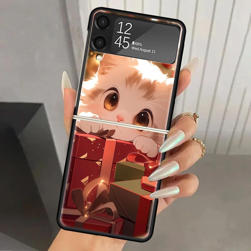 Cat Cute Kitten Cartoon Hard PC Phone Case For Samsung Galaxy Z Flip 7 6 5 4 3 Black ZFlip7 ZFlip6 Flip5 Flip4 Flip3 5G Print Co