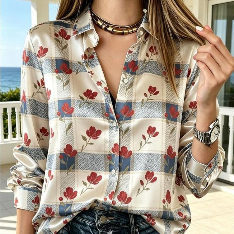 Womens Long Sleeve Satin Blouse Plaid Floral Mixed Print Lapel Button Up Casual Daily Office Wear Multi Color